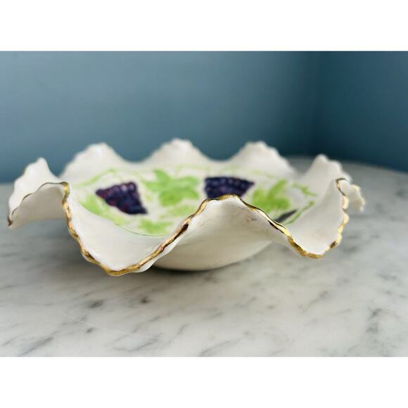 Majolica Ceramic Hand Painted Candy Dish Bowl Grape Design Gold Trim Signed JLM - Picture 12 of 16